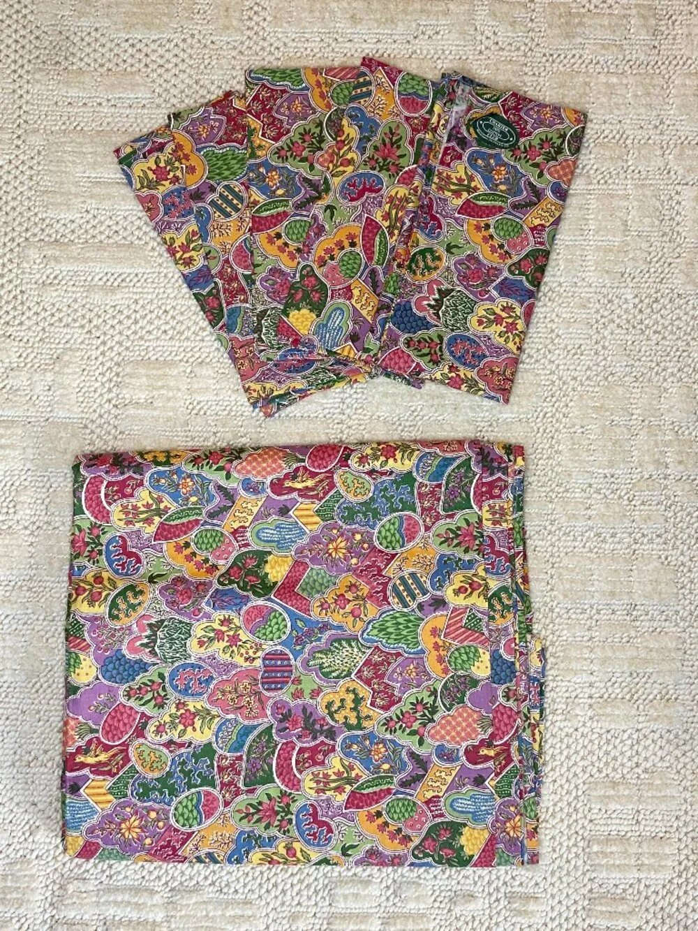 Vintage 1992 Charter Club Floral Patchwork Tablecloth & 5 Matching Napkins